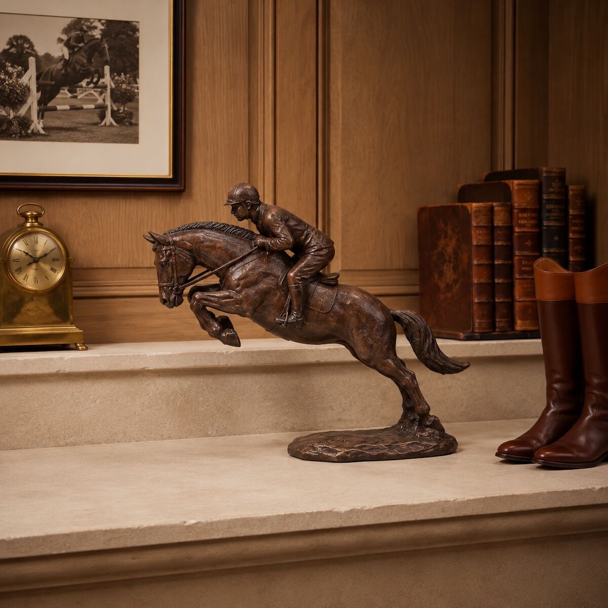Escultura homem no cavalo em estante