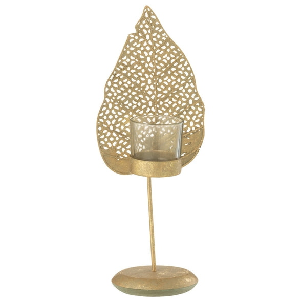 Escultura Folha Em Metal C/ Castical 28cm