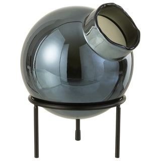 Vaso Bola Azul Em Vidro C/ Suporte Em Metal 22cm