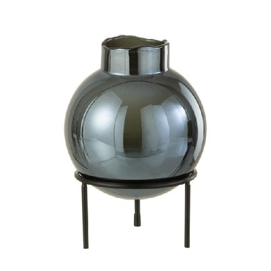 Vaso Bola Azul Em Vidro C/ Suporte Em Metal 22cm