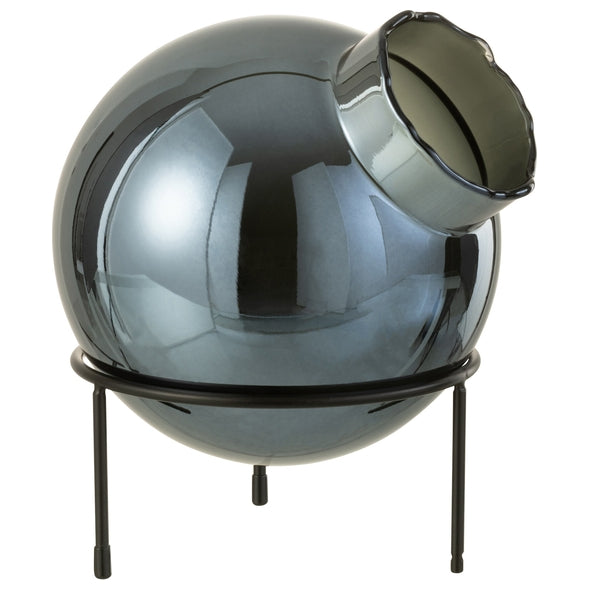 Vaso Bola Azul Em Vidro C/ Suporte Em Metal 27cm
