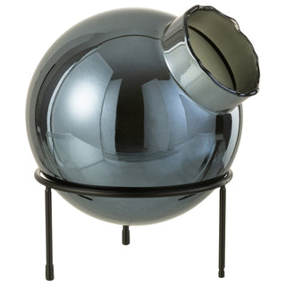 Vaso Bola Azul Em Vidro C/ Suporte Em Metal 27cm