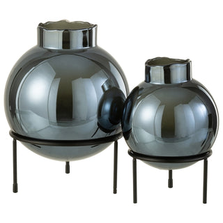Vaso Bola Azul Em Vidro C/ Suporte Em Metal 27cm