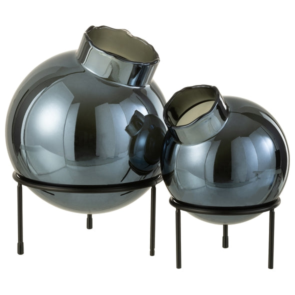 Vaso Bola Azul Em Vidro C/ Suporte Em Metal 27cm