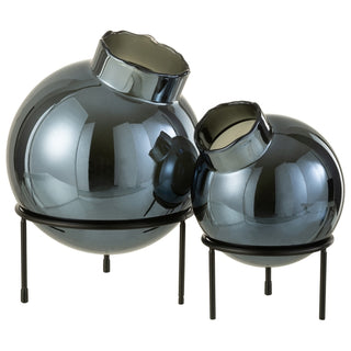 Vaso Bola Azul Em Vidro C/ Suporte Em Metal 27cm