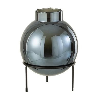 Vaso Bola Azul Em Vidro C/ Suporte Em Metal 27cm