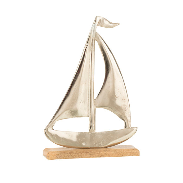 Escultura Barco Em Aluminio C/ Base Em Madeira 30cm