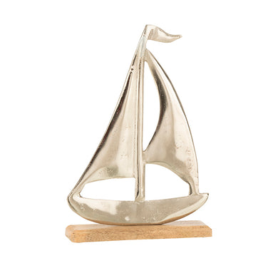 Escultura Barco Em Aluminio C/ Base Em Madeira 30cm