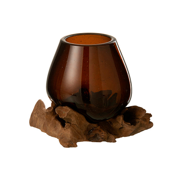 Vaso Marrom C/ Base Em Madeira 13x17cm