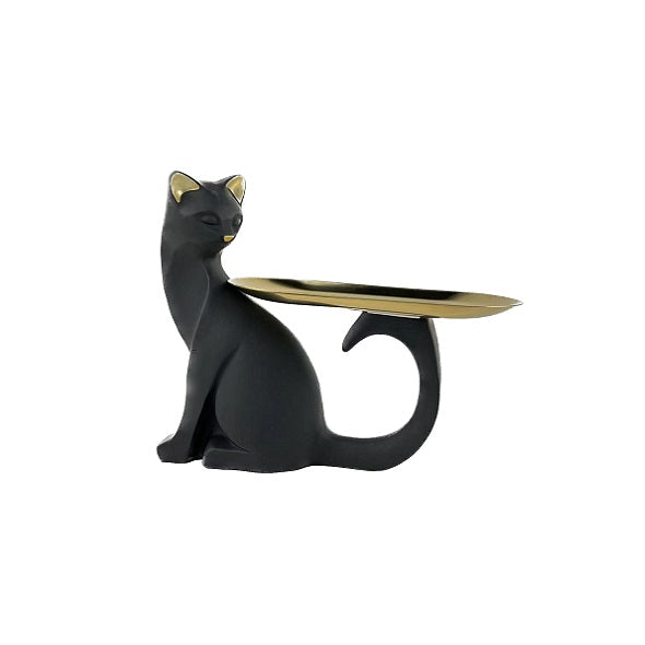 Escultura Gato C/ Bandeja Pto Sentado 19cm