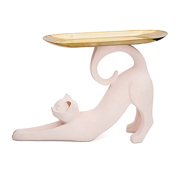 Escultura Gato C/ Bandeja Bege Relax 28x20cm