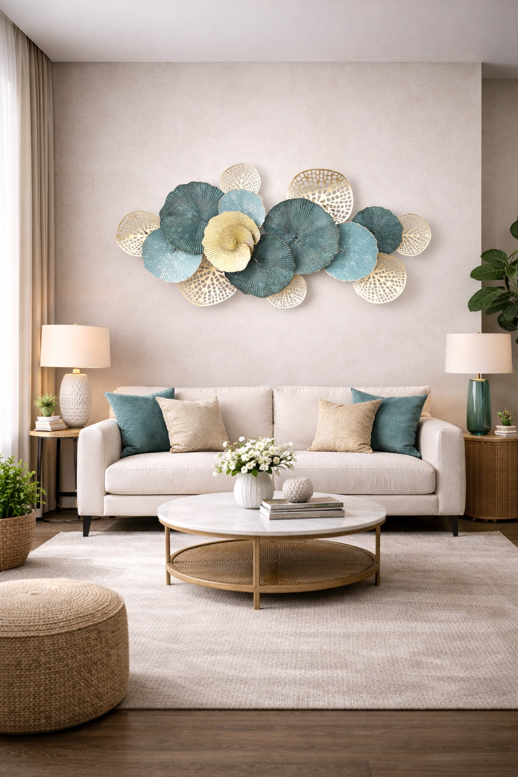 Escultura de Parede Circulos Azuis/dourados 120x8x61cm