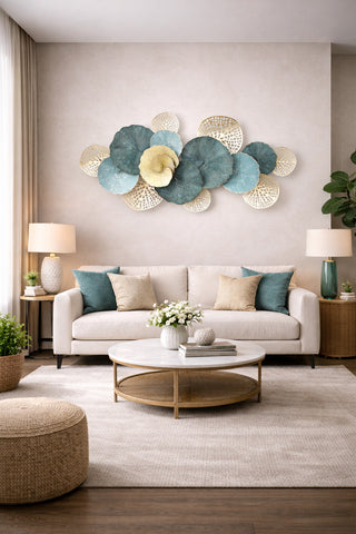 Escultura de Parede Circulos Azuis/dourados 120x8x61cm