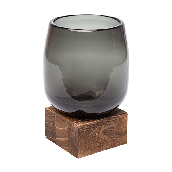 Vaso de Vidro Fume C/ Base Em Madeira 14cm