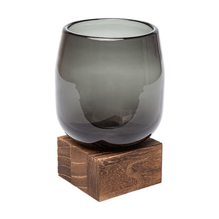 Vaso de Vidro Fume C/ Base Em Madeira 14cm
