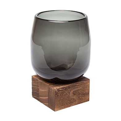 Vaso de Vidro Fume C/ Base Em Madeira 14cm