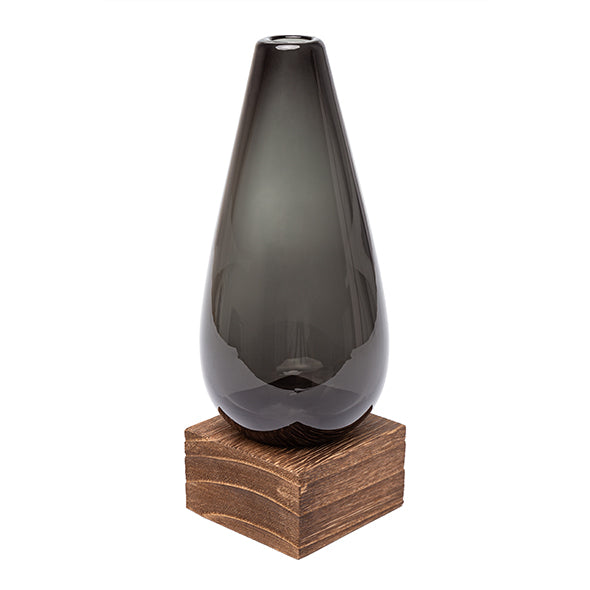 Vaso de Vidro Fume C/ Base Em Madeira 22cm