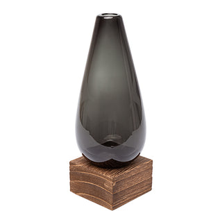 Vaso de Vidro Fume C/ Base Em Madeira 22cm