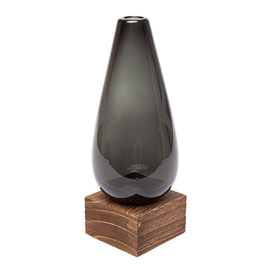 Vaso de Vidro Fume C/ Base Em Madeira 22cm