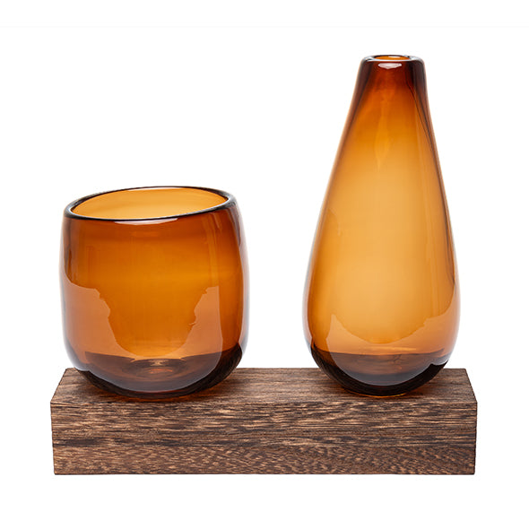 Jg. 2 Vasos de Vidro Ambar C/ Base Em Madeira 22cm
