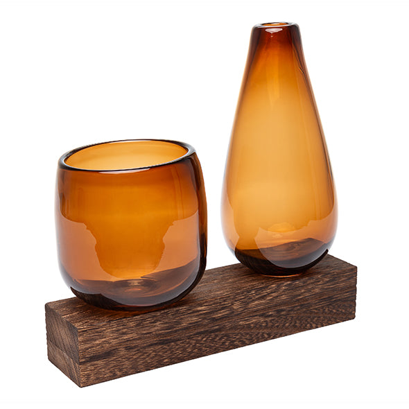 Jg. 2 Vasos de Vidro Ambar C/ Base Em Madeira 22cm