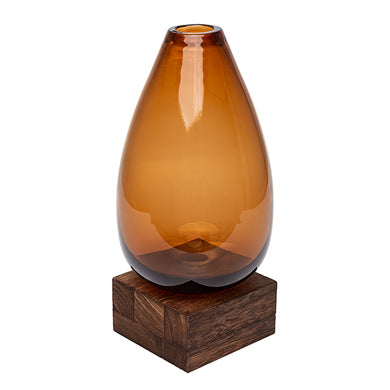 Vaso de Vidro Ambar C/ Base Em Madeira 27cm