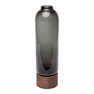 Vaso de Vidro Fume C/ Base Em Madeira 26cm