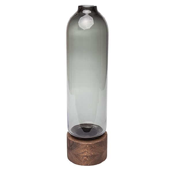 Vaso de Vidro Fume C/ Base Em Madeira 34cm