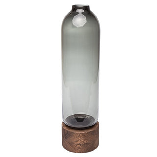 Vaso de Vidro Fume C/ Base Em Madeira 34cm