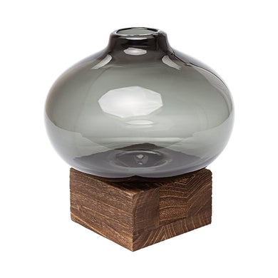 Vaso Gota de Vidro Fume C/ Base Em Madeira 17cm