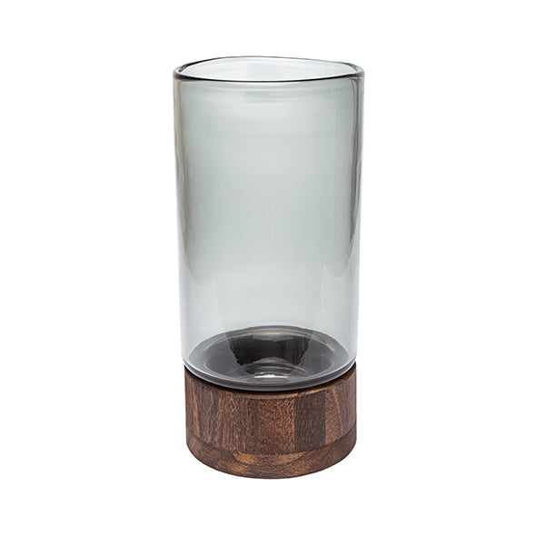 Vaso Domo de Vidro Fume C/ Base Em Madeira 29cm