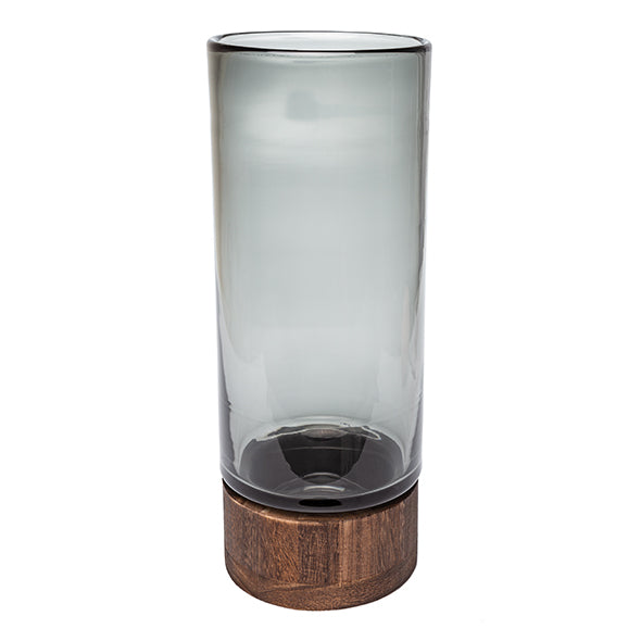 Vaso Domo de Vidro Fume C/ Base Em Madeira 38cm