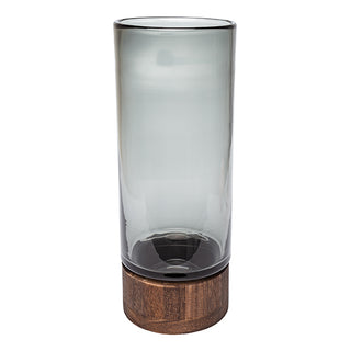 Vaso Domo de Vidro Fume C/ Base Em Madeira 38cm