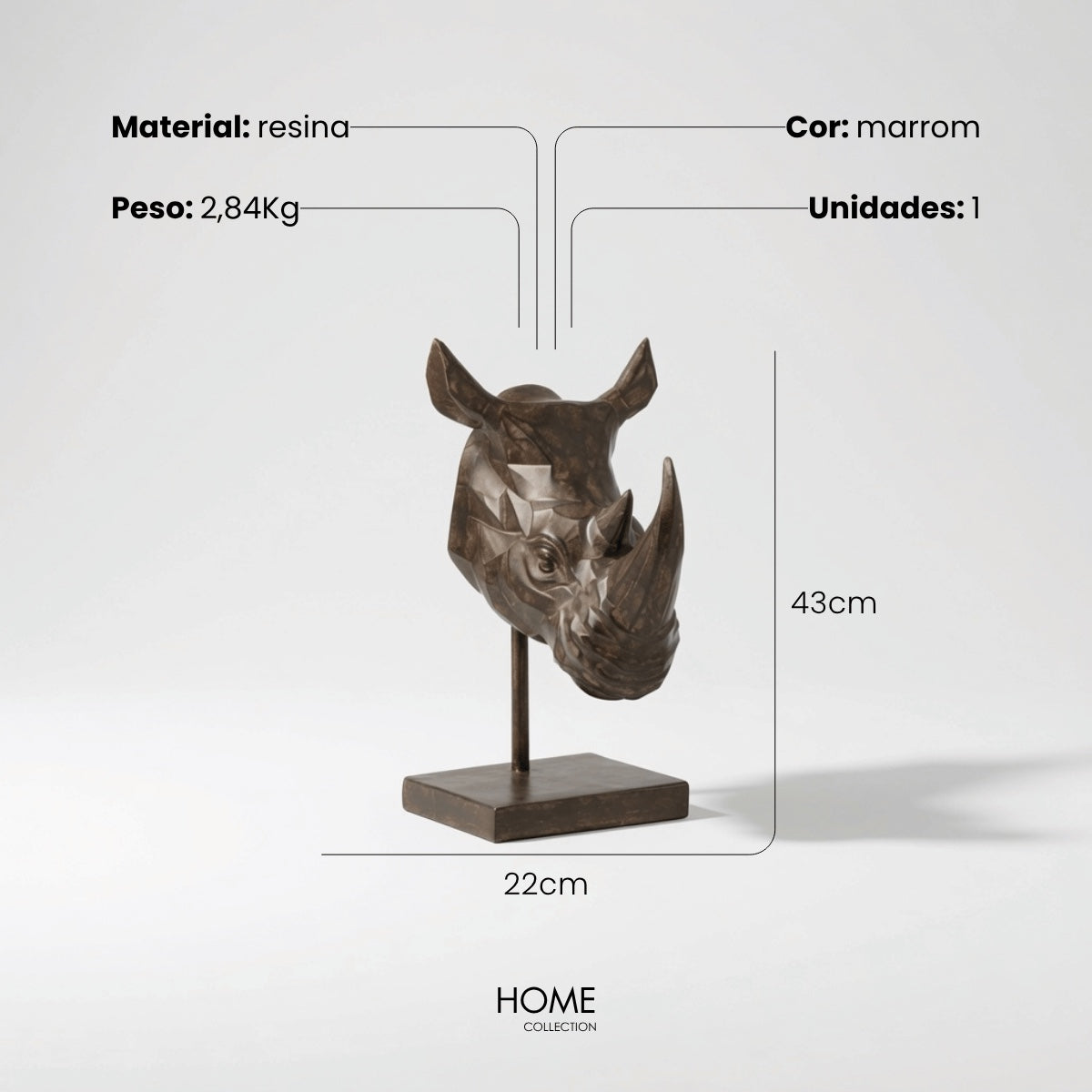 Escultura Cabeca de Rinoceronte 43cm