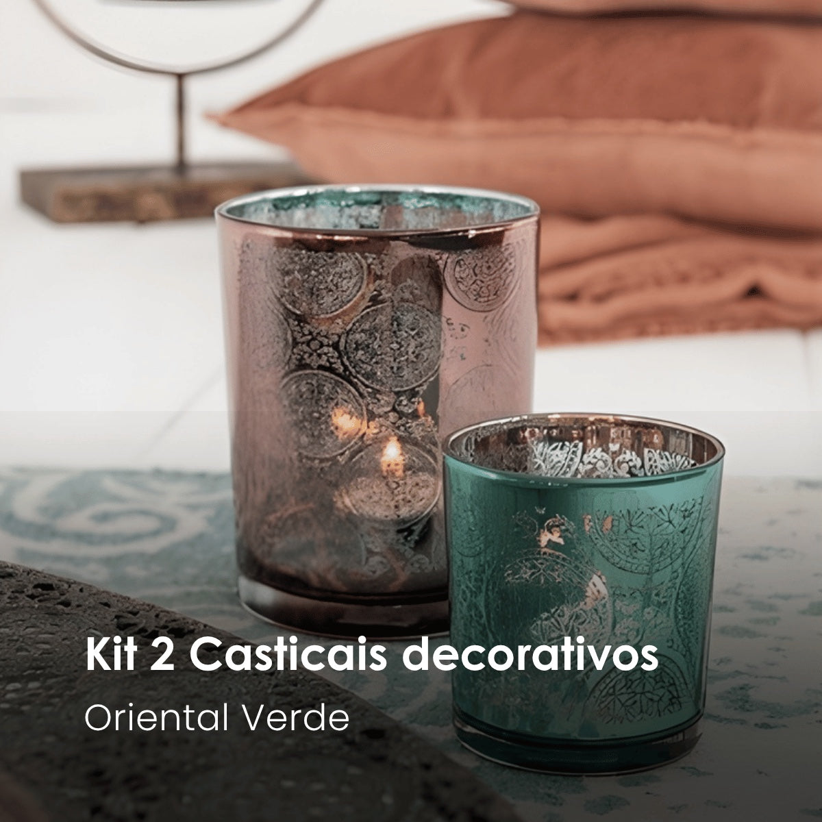 Jg. 2 Castiçais Oriental Verde/Cobre 8cm