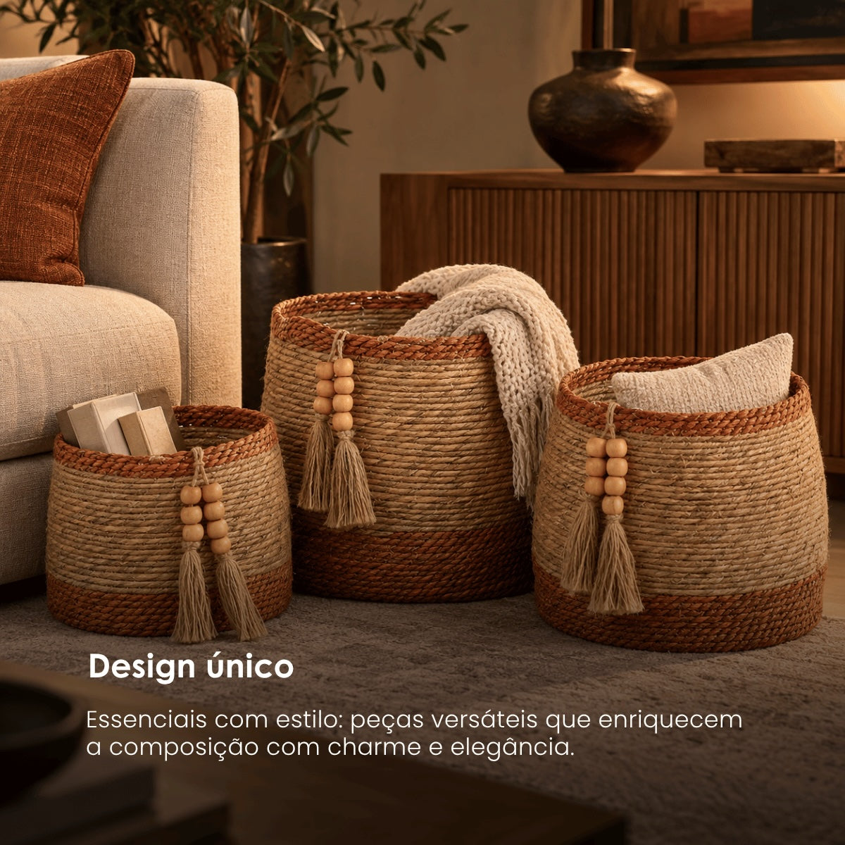 Jg. 3 Cestas Em Fibra Com Pingentes 25x21 32x29cm 39x35cm