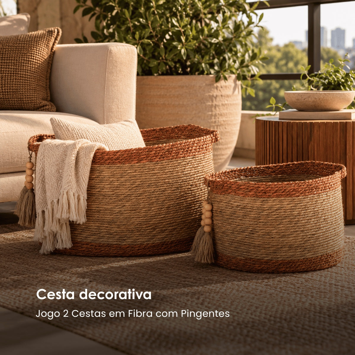 Jg. 2 Cestas Em Fibra Com Pingentes 46x27 54x33cm
