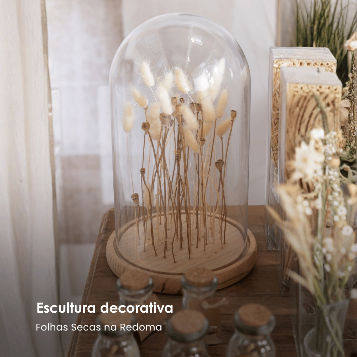 Escultura Folhas Secas Na Redoma 37cm