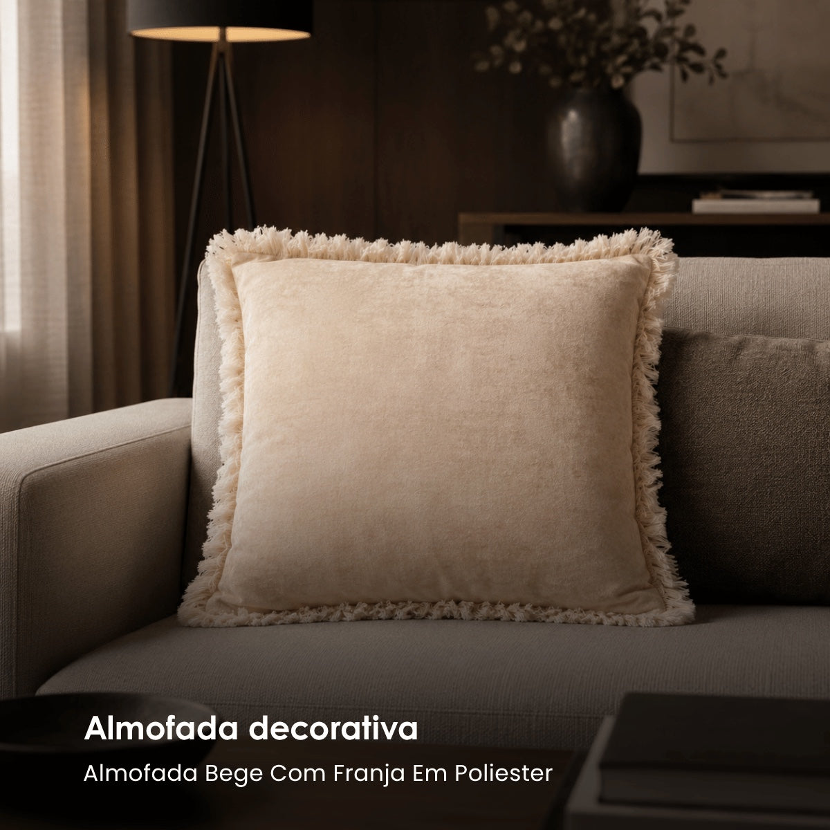 Almofada Bege Com Franja Em Poliester 45cm