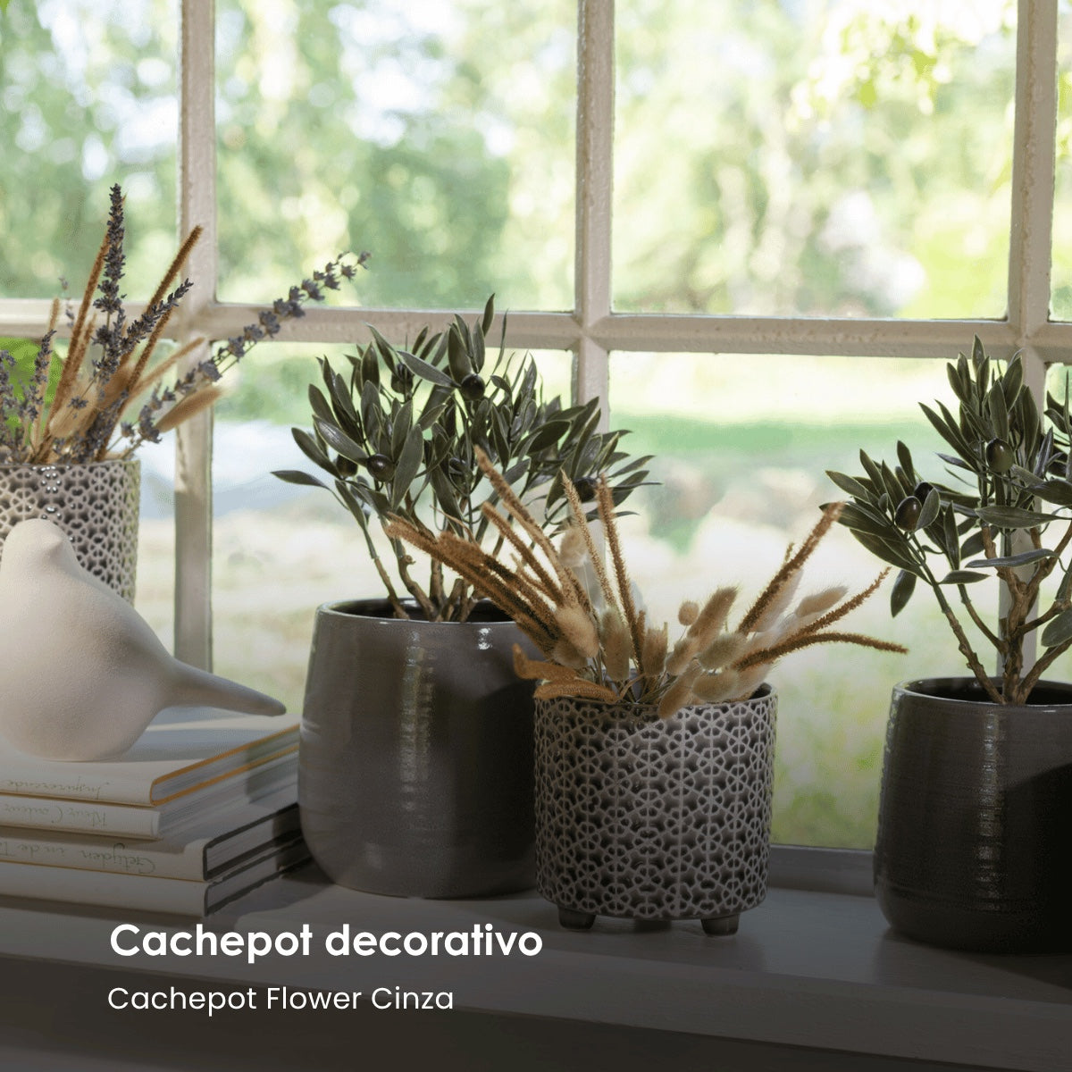 Cachepot Flower Cinza 14cm