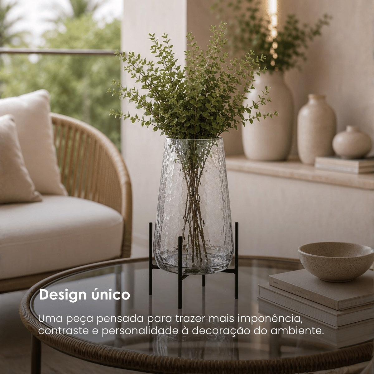 Vaso Em Vidro Martelado C/ Suporte 32cm