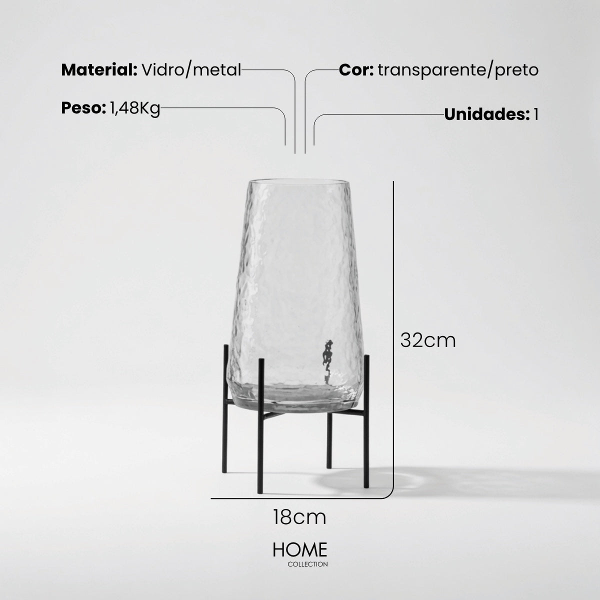 Vaso Em Vidro Martelado C/ Suporte 32cm