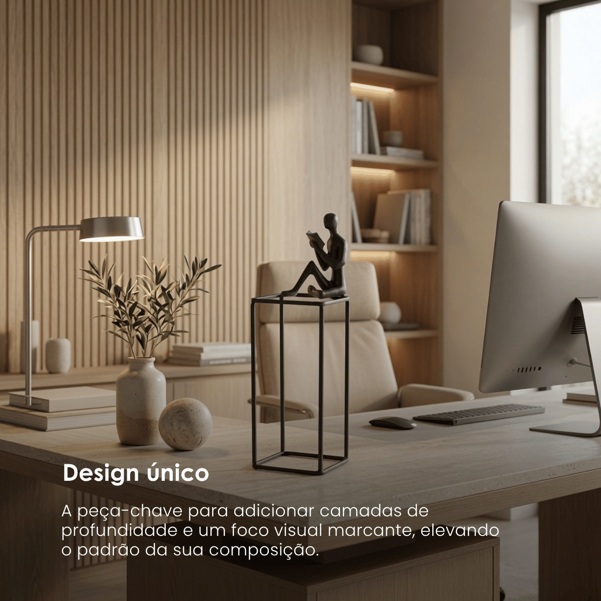 Escultura Figura Lendo Livro No Cubo Em Aluminio 35cm
