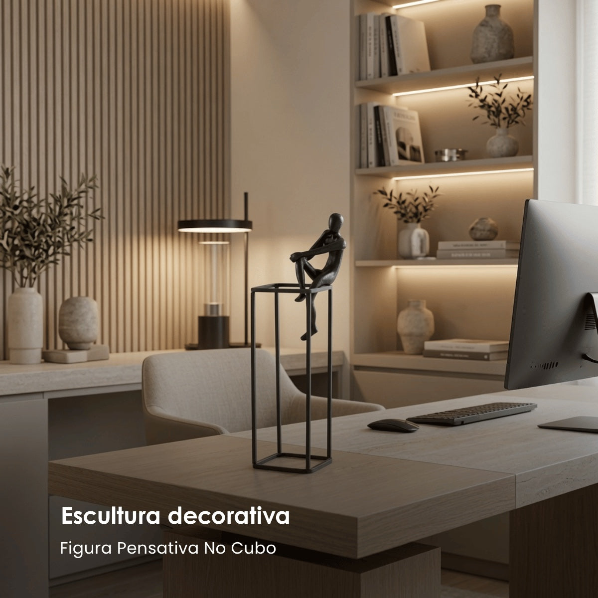 Escultura Figura Pensativa No Cubo Em Aluminio 41cm