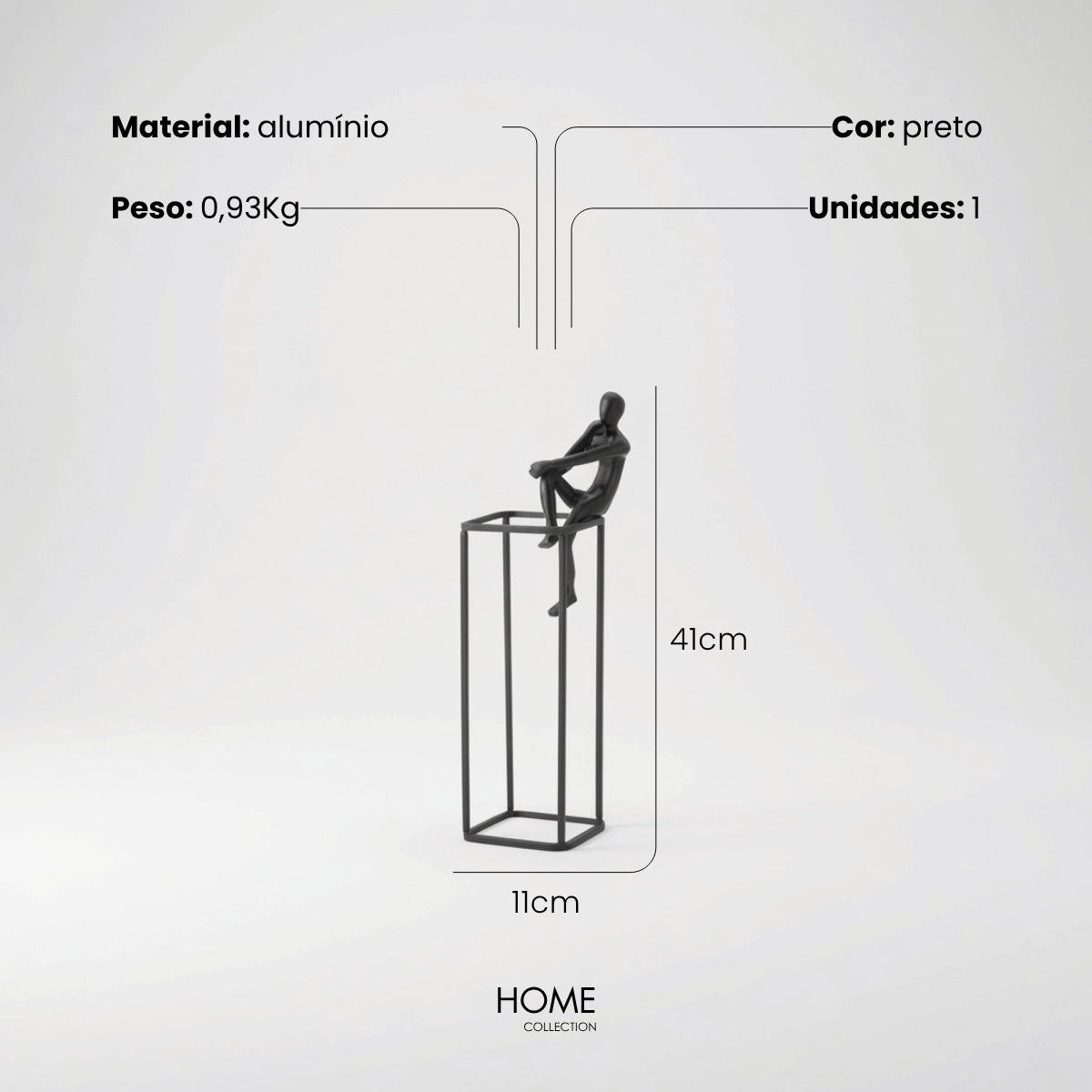Escultura Figura Pensativa No Cubo Em Aluminio 41cm