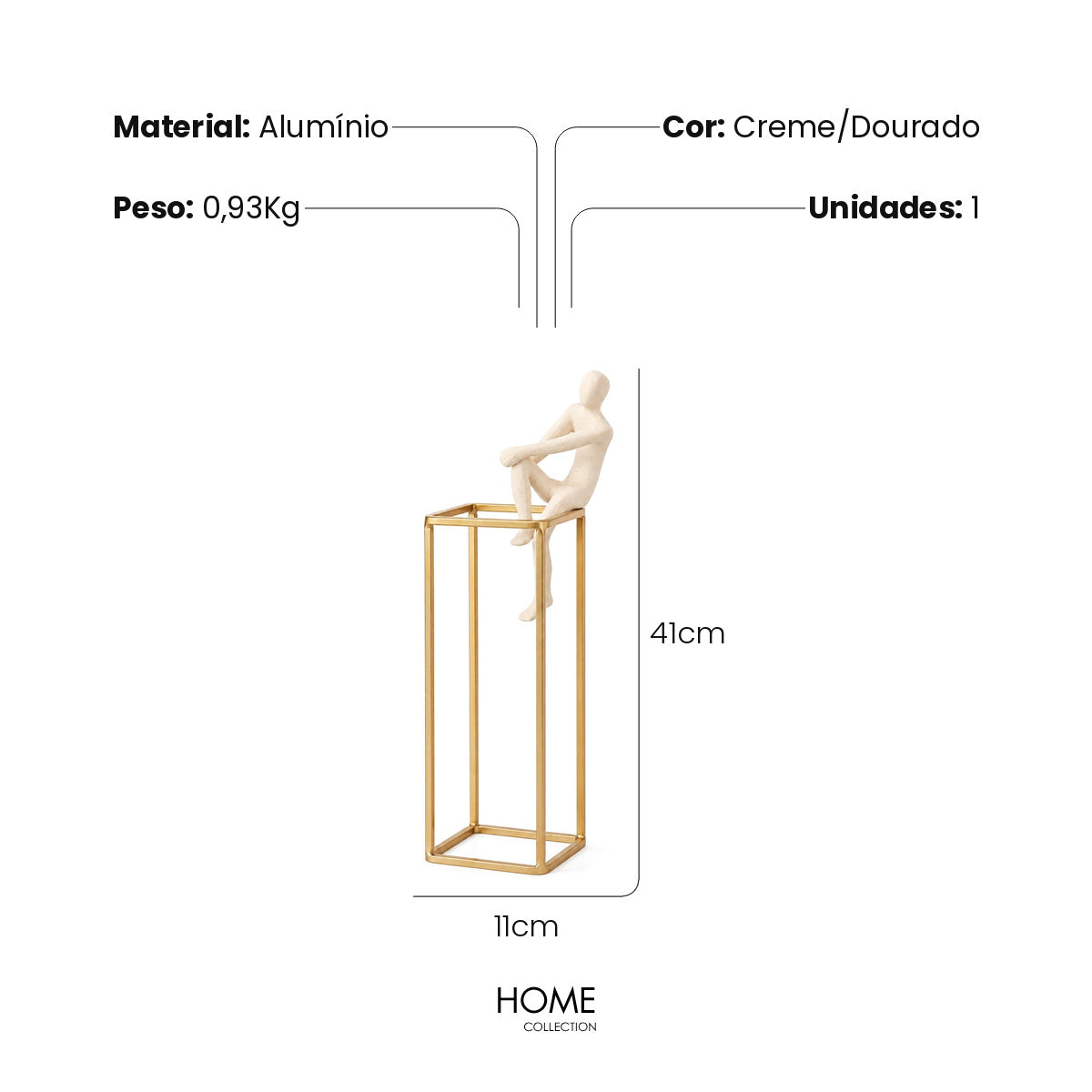 Escultura Figura Pensativa No Cubo Em Aluminio Creme 41cm