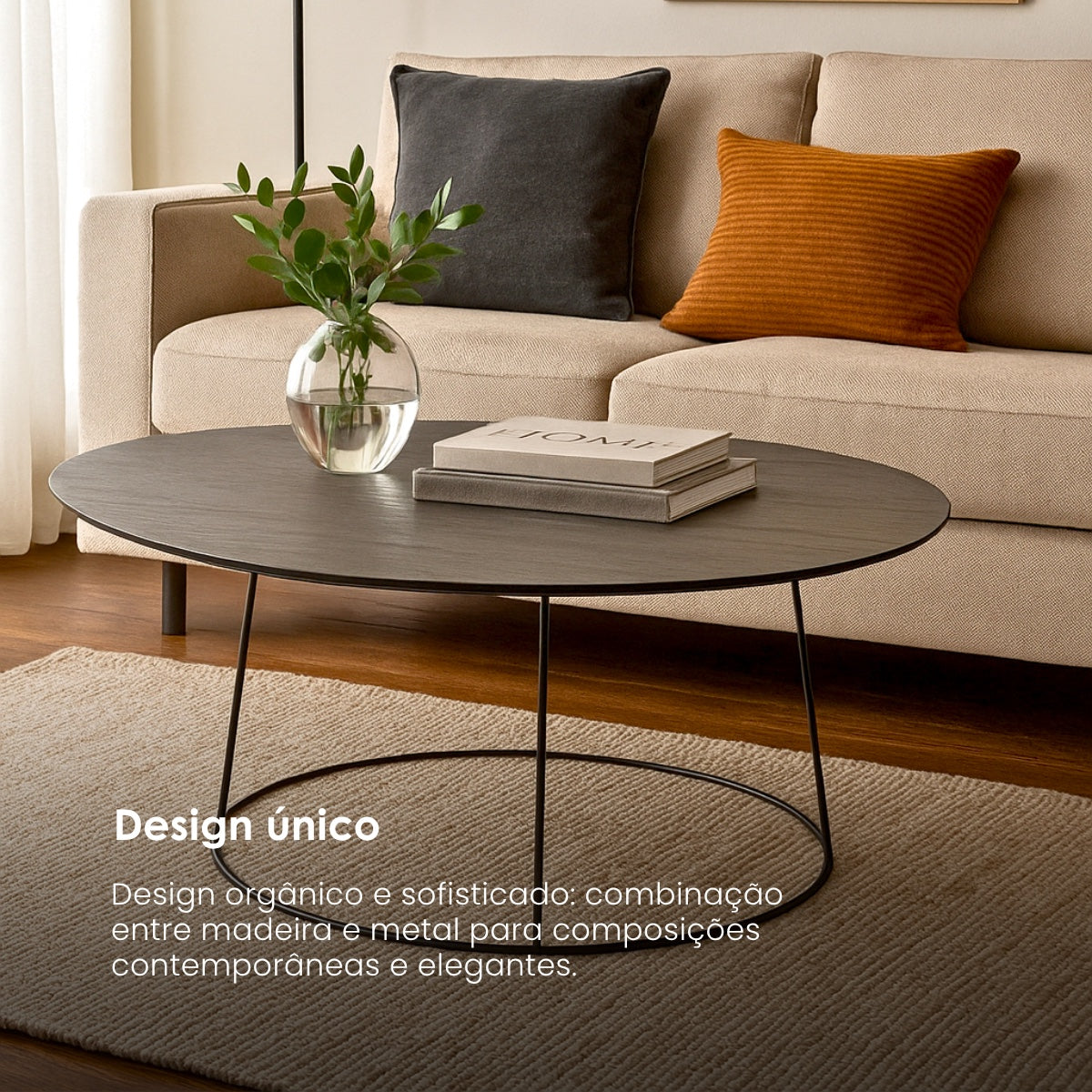 Mesa de Centro Oval Em Madeira C/ Suporte Em Metal 121x80x40Cm