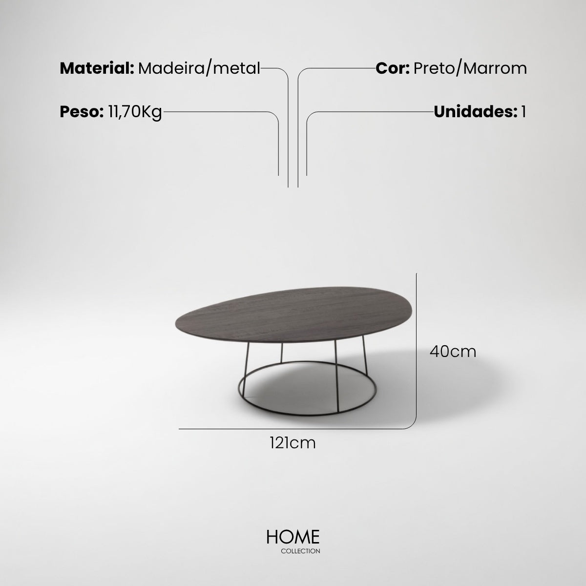 Mesa de Centro Oval Em Madeira C/ Suporte Em Metal 121x80x40Cm