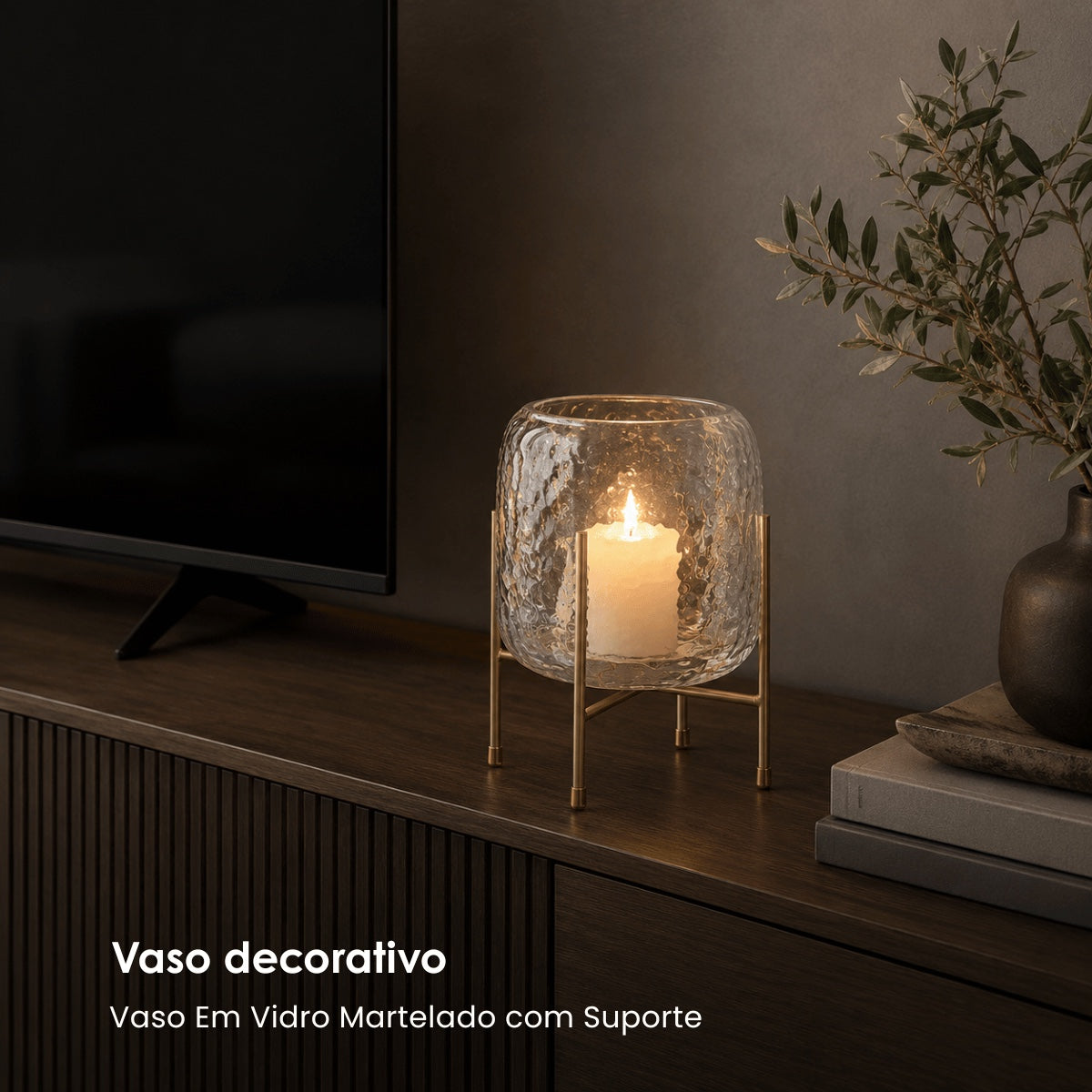 Vaso Em Vidro Martelado C/ Suporte 23cm
