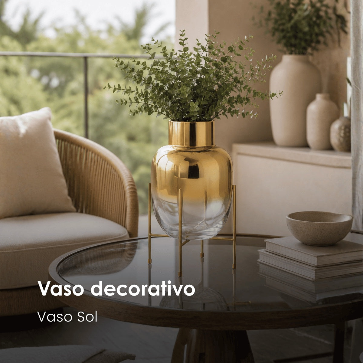 Vaso Sol Transp/dourado C/ Suporte 32cm